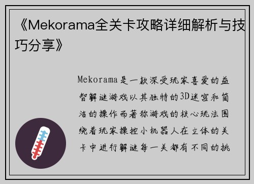 《Mekorama全关卡攻略详细解析与技巧分享》