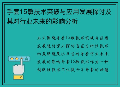 手套15敏技术突破与应用发展探讨及其对行业未来的影响分析